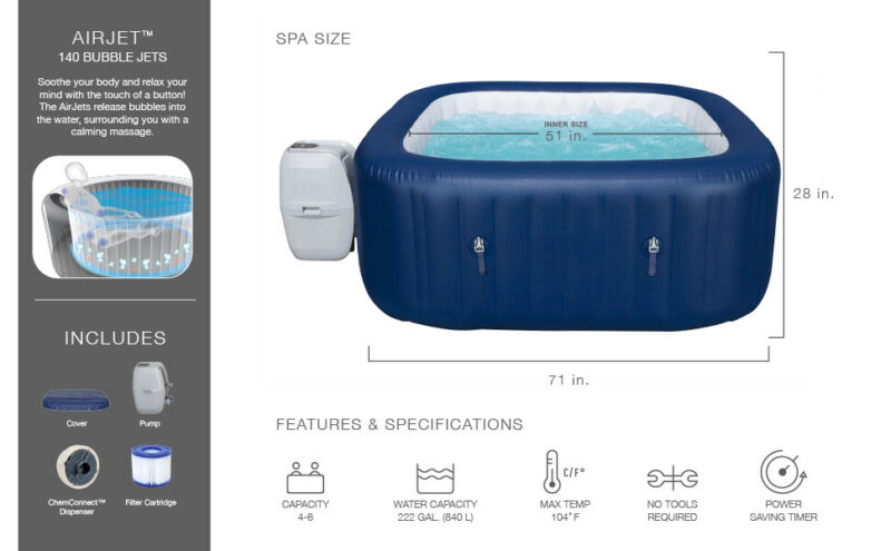 Bestway 60022E Portable Inflatable Hot Tub Bubble Jet Spa, 71x71x 28in ...